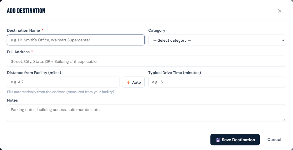 Add Destination modal