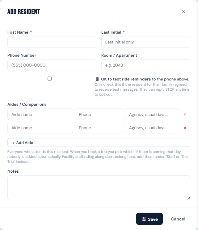 Resident modal showing the Aides / Companions section