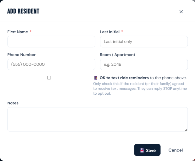 Add Resident modal with the consent checkbox