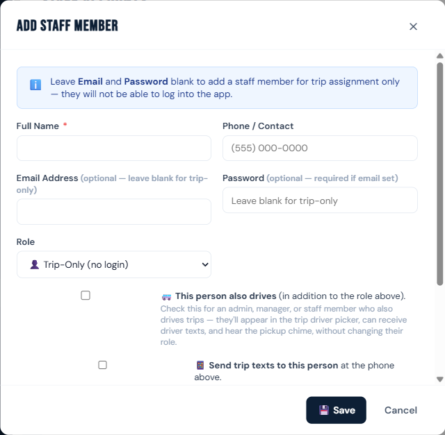 Also-drives checkbox in the Staff modal