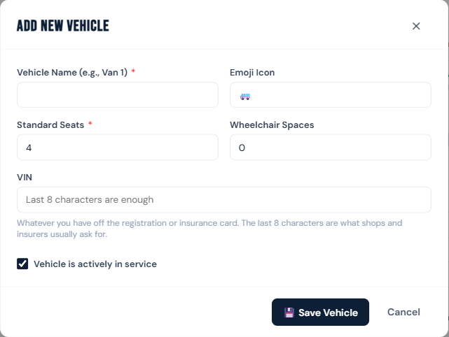 Add New Vehicle modal showing seats, wheelchair spaces, and the VIN field