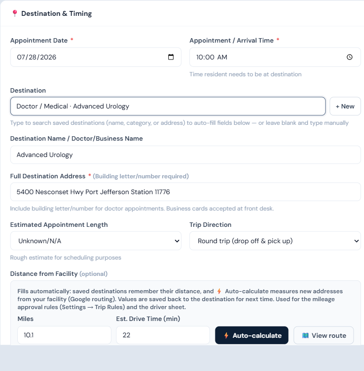 Destination & Timing section with a saved destination filled in