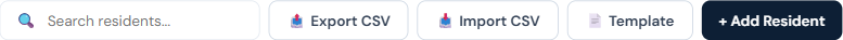 Residents page toolbar with Export CSV button