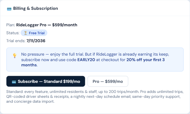 Billing & Subscription section with Subscribe buttons