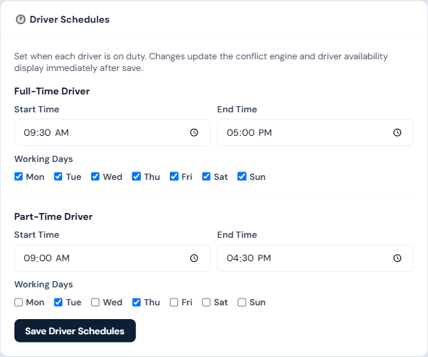 Settings → Driver Schedules section