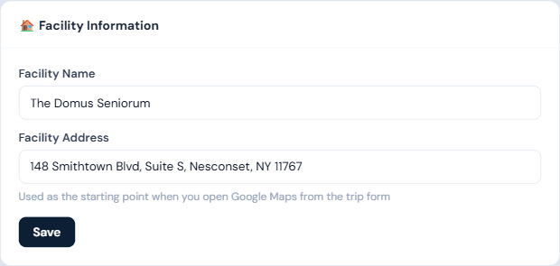 Settings Facility Information section