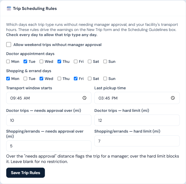 Settings → Trip Scheduling Rules section