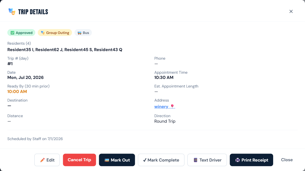 Trip detail footer with the Text Driver button