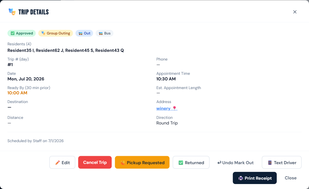 Trip detail footer after Mark Out — Pickup Requested / Returned / Undo